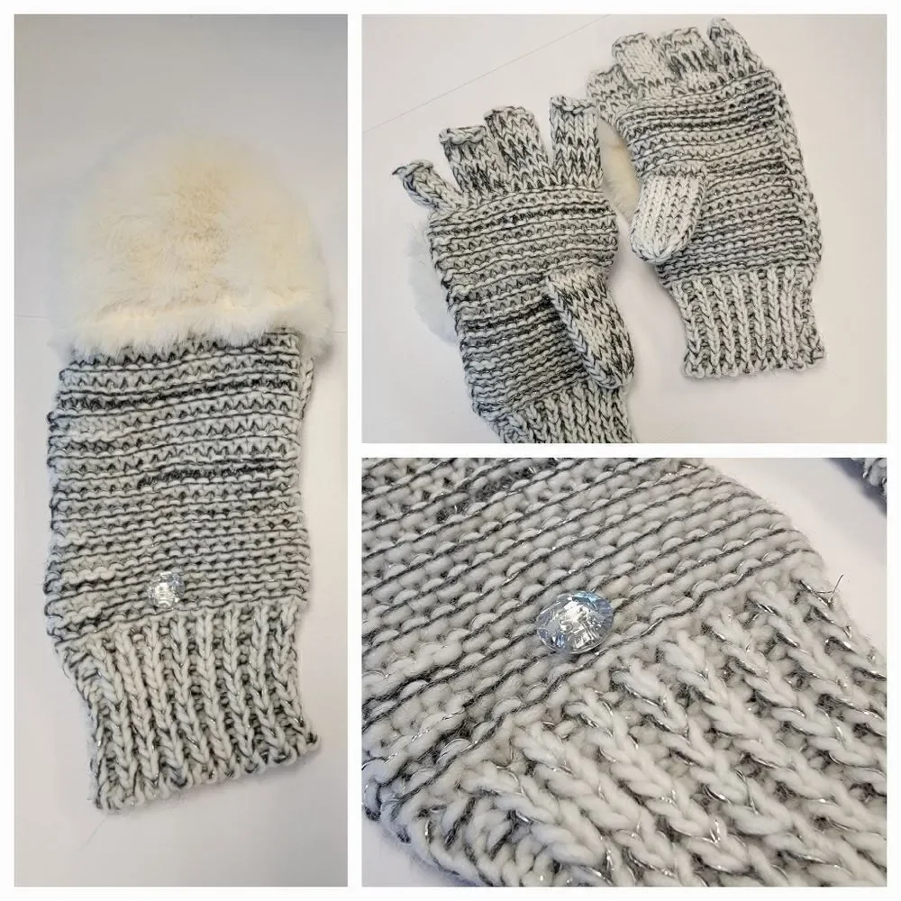 Totes Womens Finger Fingerless Mitten Gloves Adjustable Gray White One Size O/S